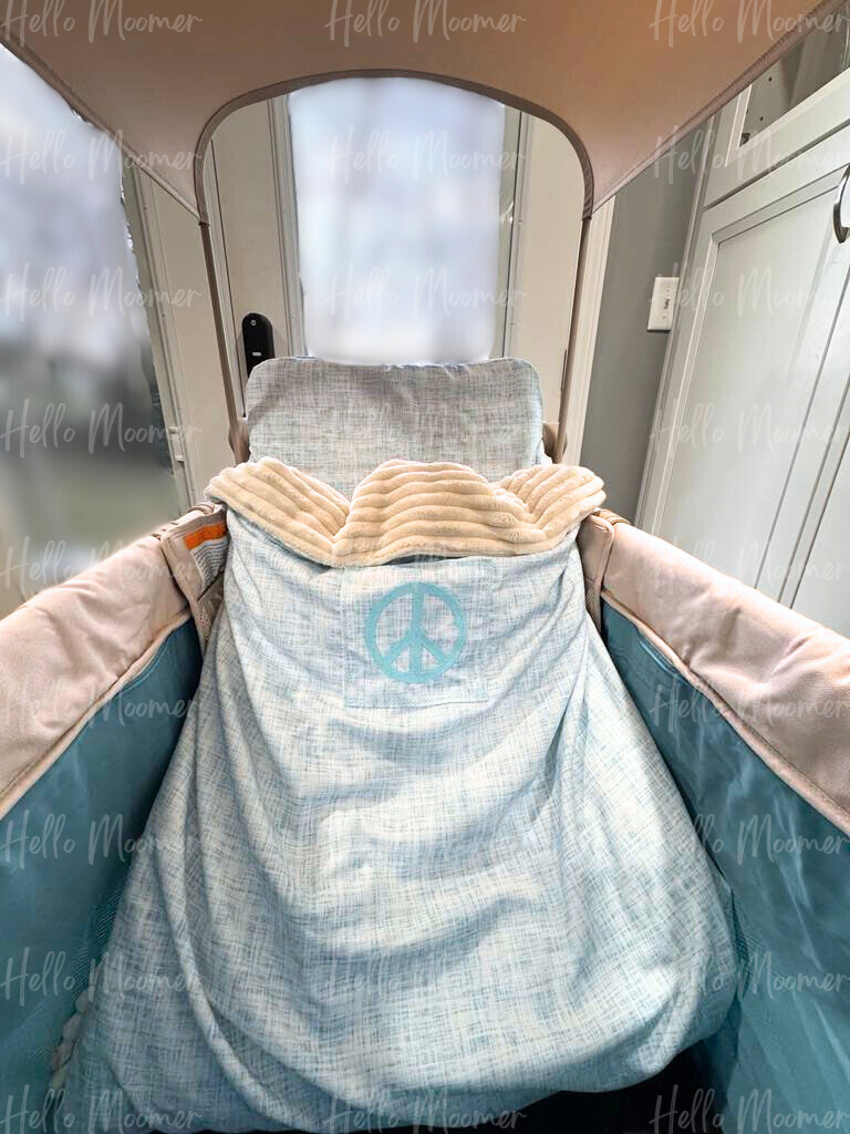 Custom Blue & Cream Peace Sign Convertible Stroller Wagon Footmuff