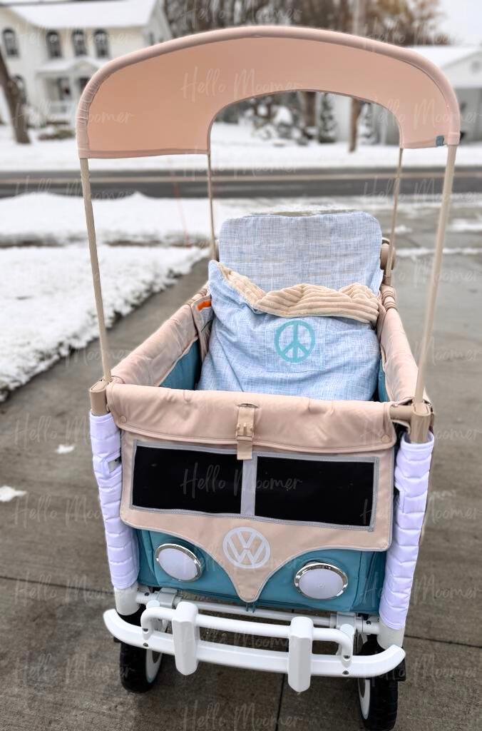 Custom Blue & Cream Peace Sign Convertible Stroller Wagon Footmuff