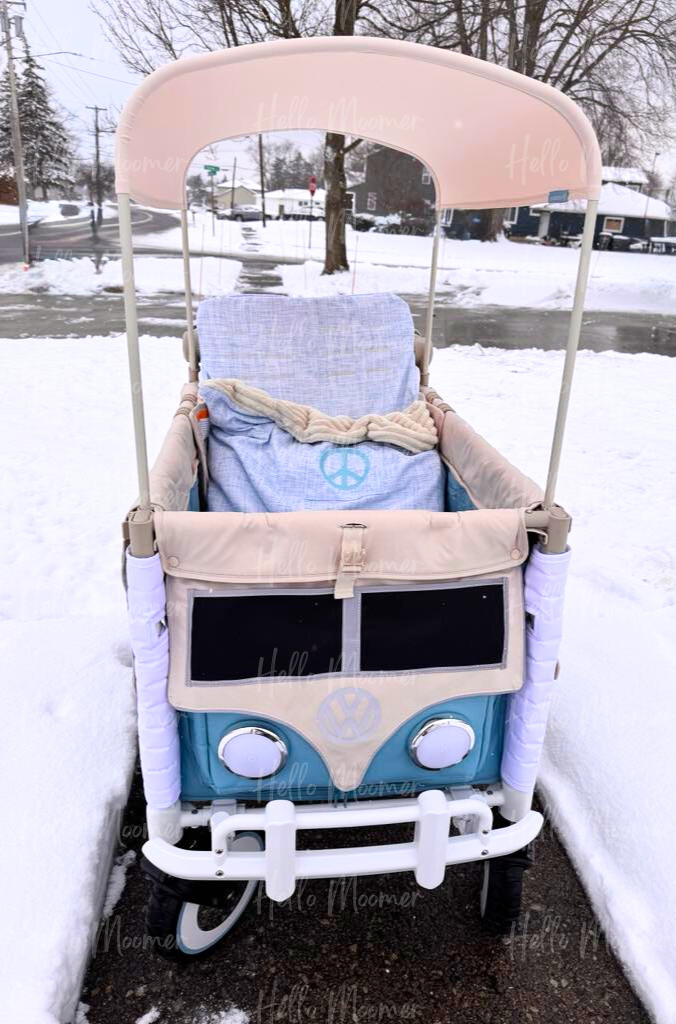 Custom Blue & Cream Peace Sign Convertible Stroller Wagon Footmuff